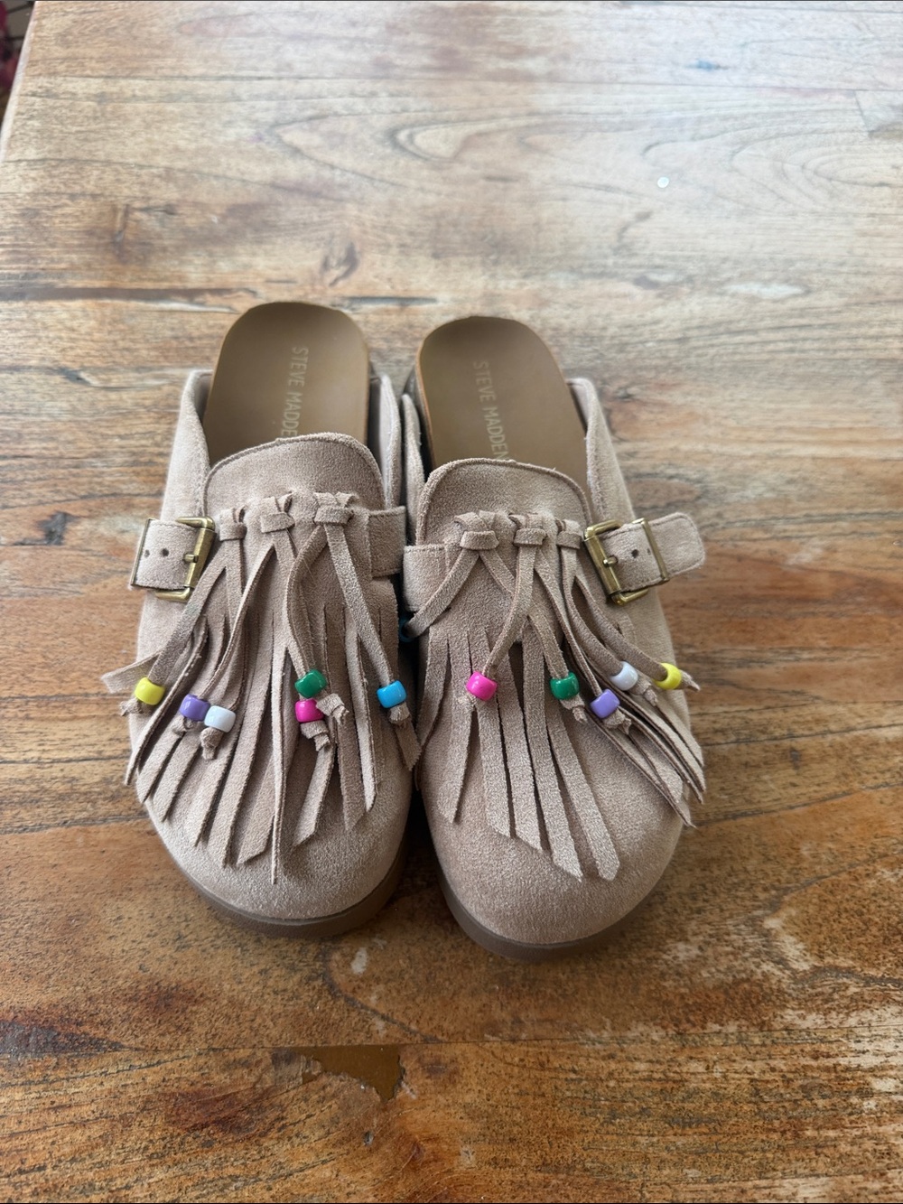 Steve Madden Kids Tan Suede Fringe Slip-On Clogs with Colorful Beads